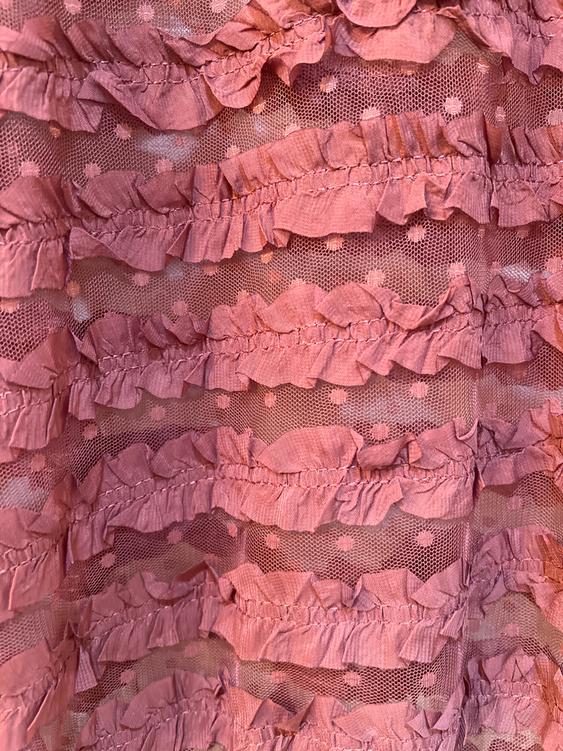 Pink fabric with ruffles and polka dots in a lace pattern. The ruffles are arranged in horizontal rows.