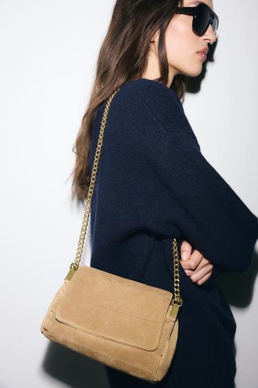 Zara LEATHER FLAP CROSSBODY BAG - SAND/BROWN