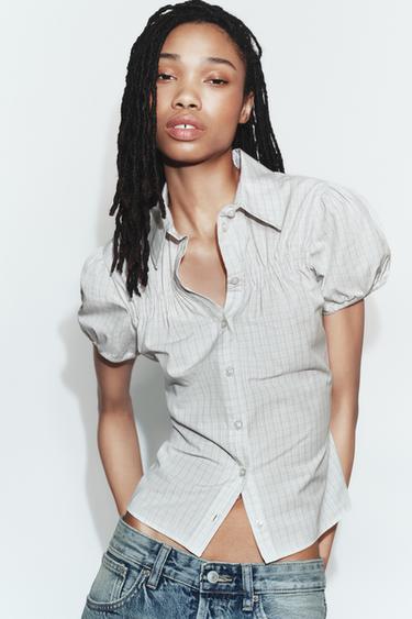 РУБАШКА ИЗ ПОПЛИНА В КЛЕТКУ — Зеленый / Цвет небеленого полотна от Zara