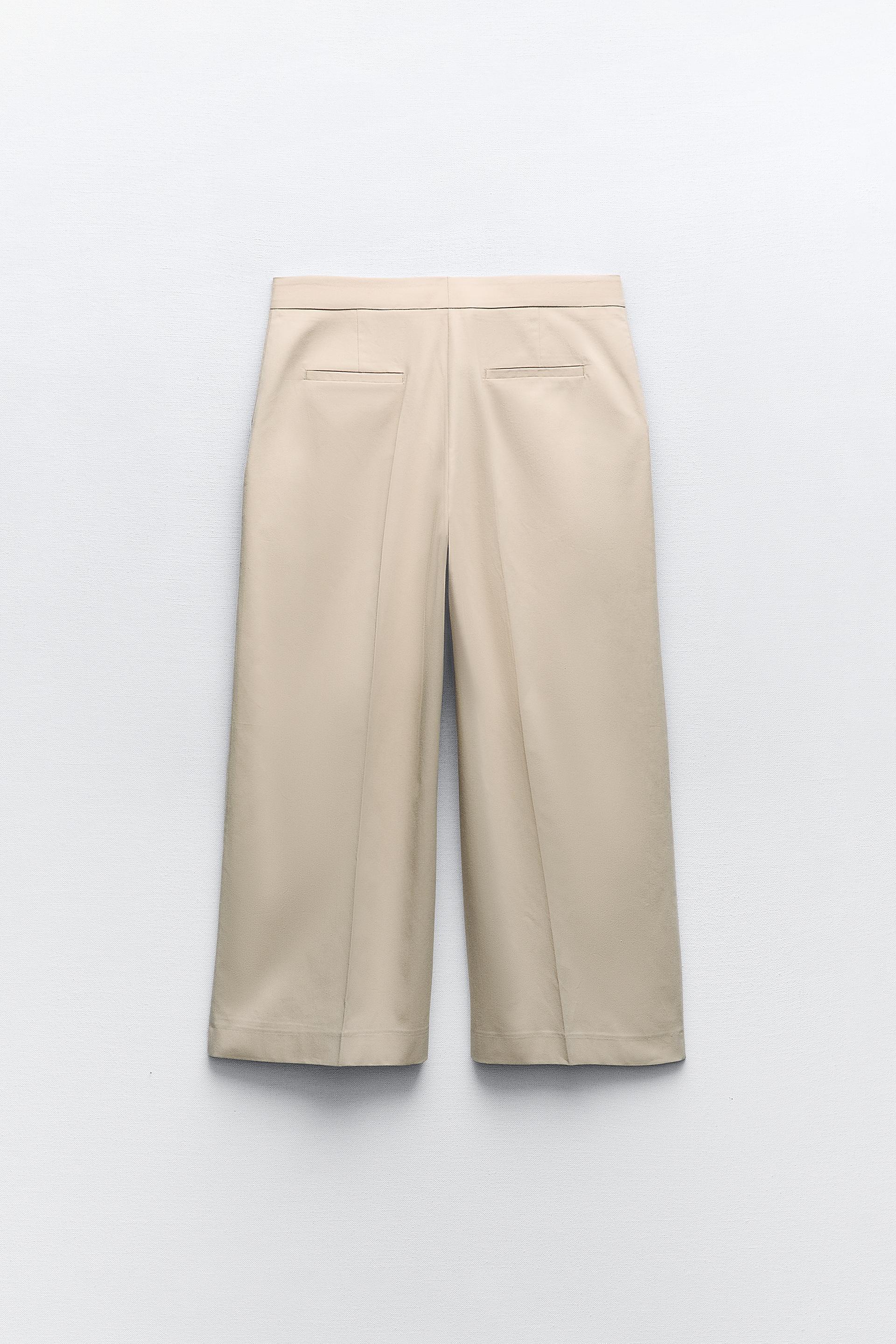 Zara Pants Women's Medium Beige 50% Linen With Pockets Wide Leg Lightweight