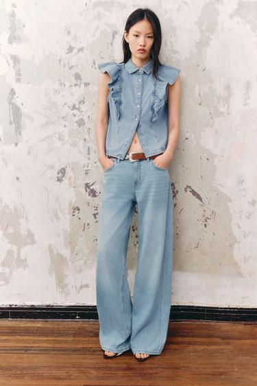 Zara Z1975 荷葉邊丹寧襯衫 - 中藍色