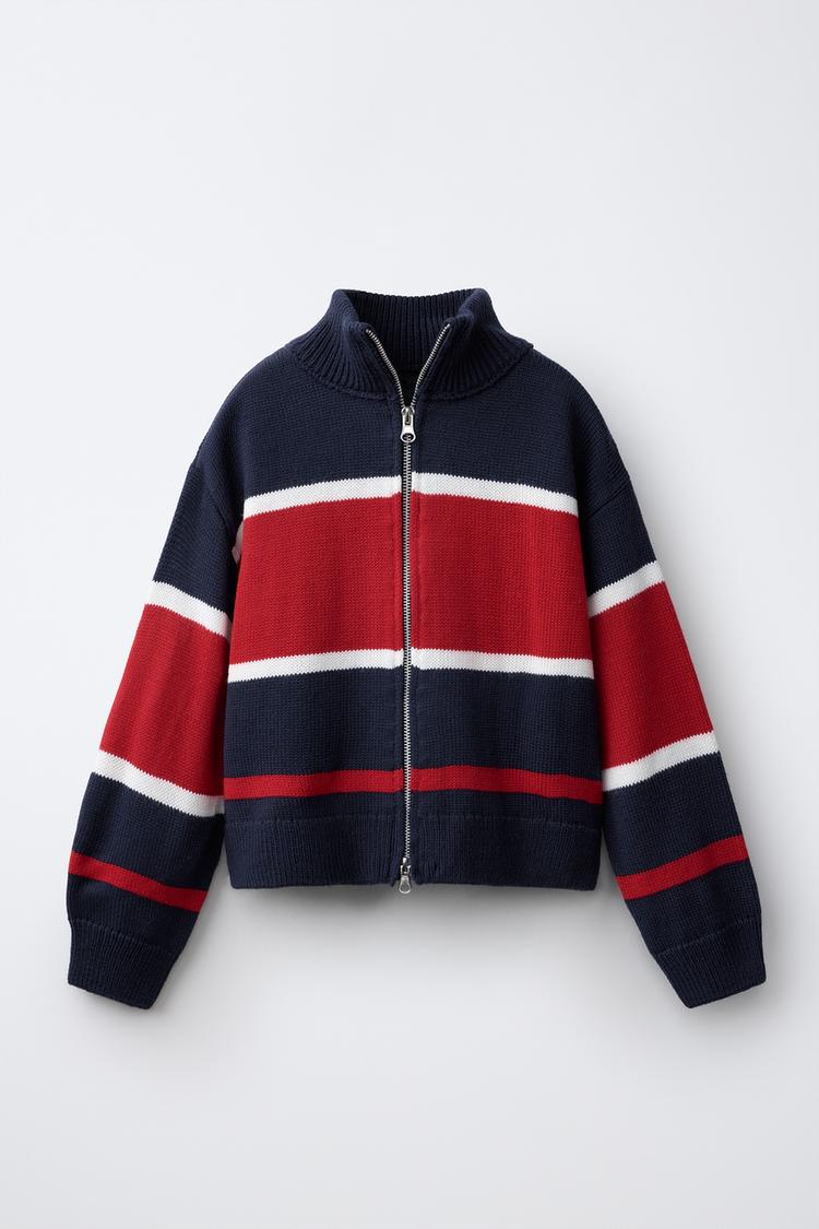 STRIPED AND TEXT PRINT CARDIGAN — Dark navy
