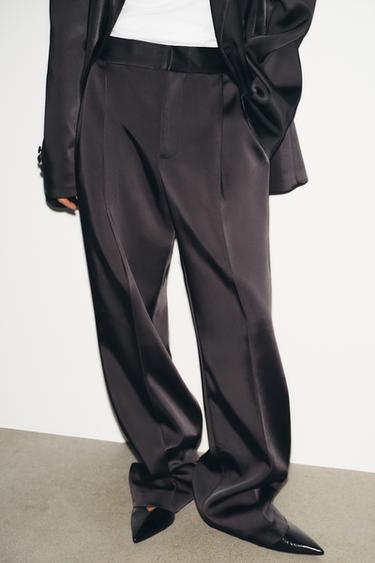 SATIN HIGH-WAIST PLEATED TROUSERS - Black by Zara - Image 1