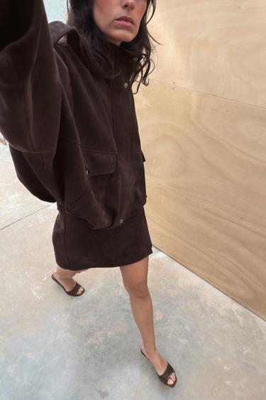 FAUX SUEDE JACKET WITH TABS - Chocolate brown by Zara