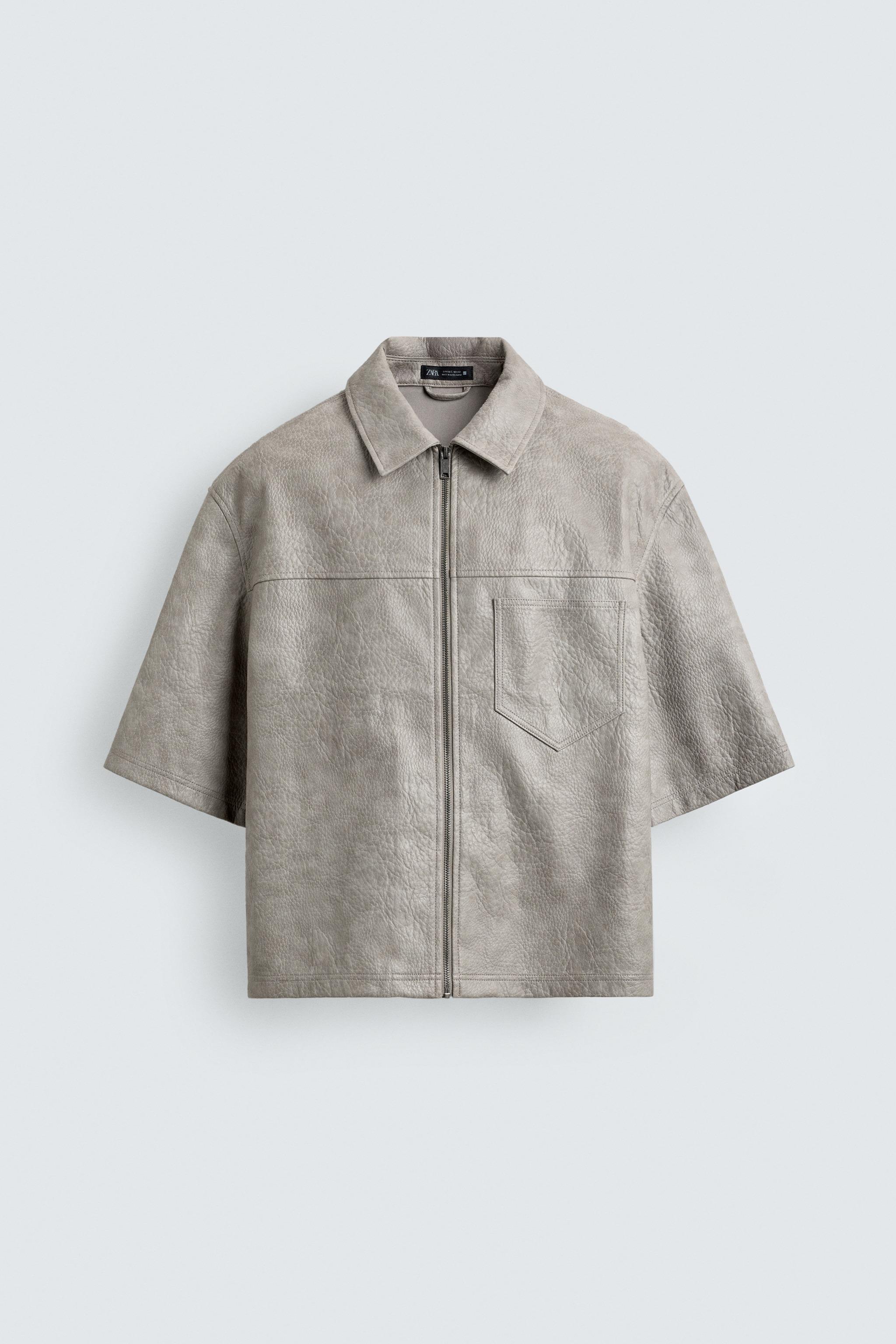 RELAXED FIT LEATHER EFFECT OVERSHIRT — Grey