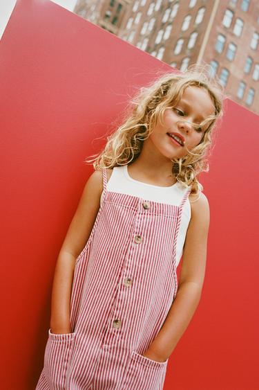 ストライプ柄ツイル地ロング丈オーバーオールホワイト/レッドZaraのストライプ柄ツイル地ロング丈オーバーオール - ホワイト/レッド