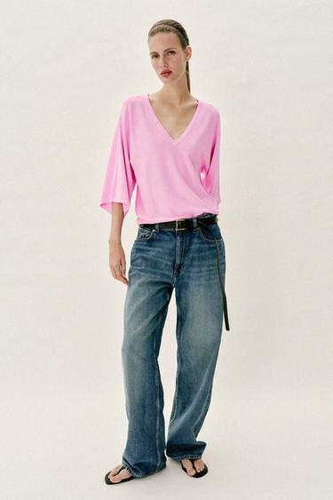 Zara V領飄逸針織衫 - 粉紅色