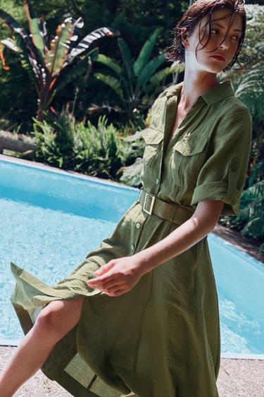 ROBE MI-LONGUE CHEMISE AVEC CEINTURE - Kaki de Zara - Image 6