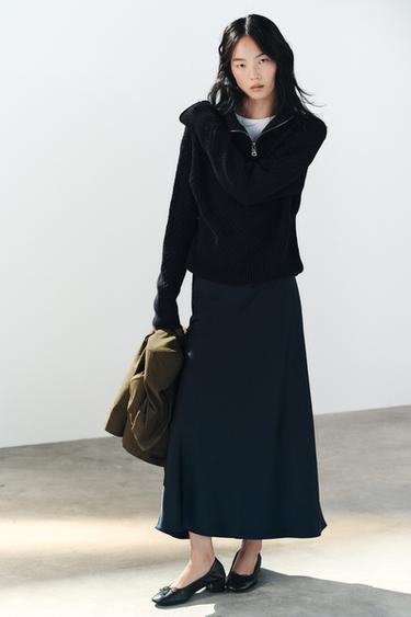 Zara SATIN MIDI SKIRT - Dark navy