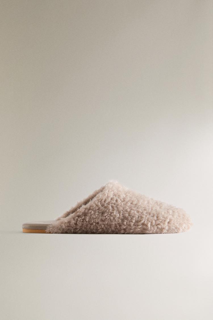 WARM LEATHER MULE SLIPPERS Taupe Gray ZARA United States