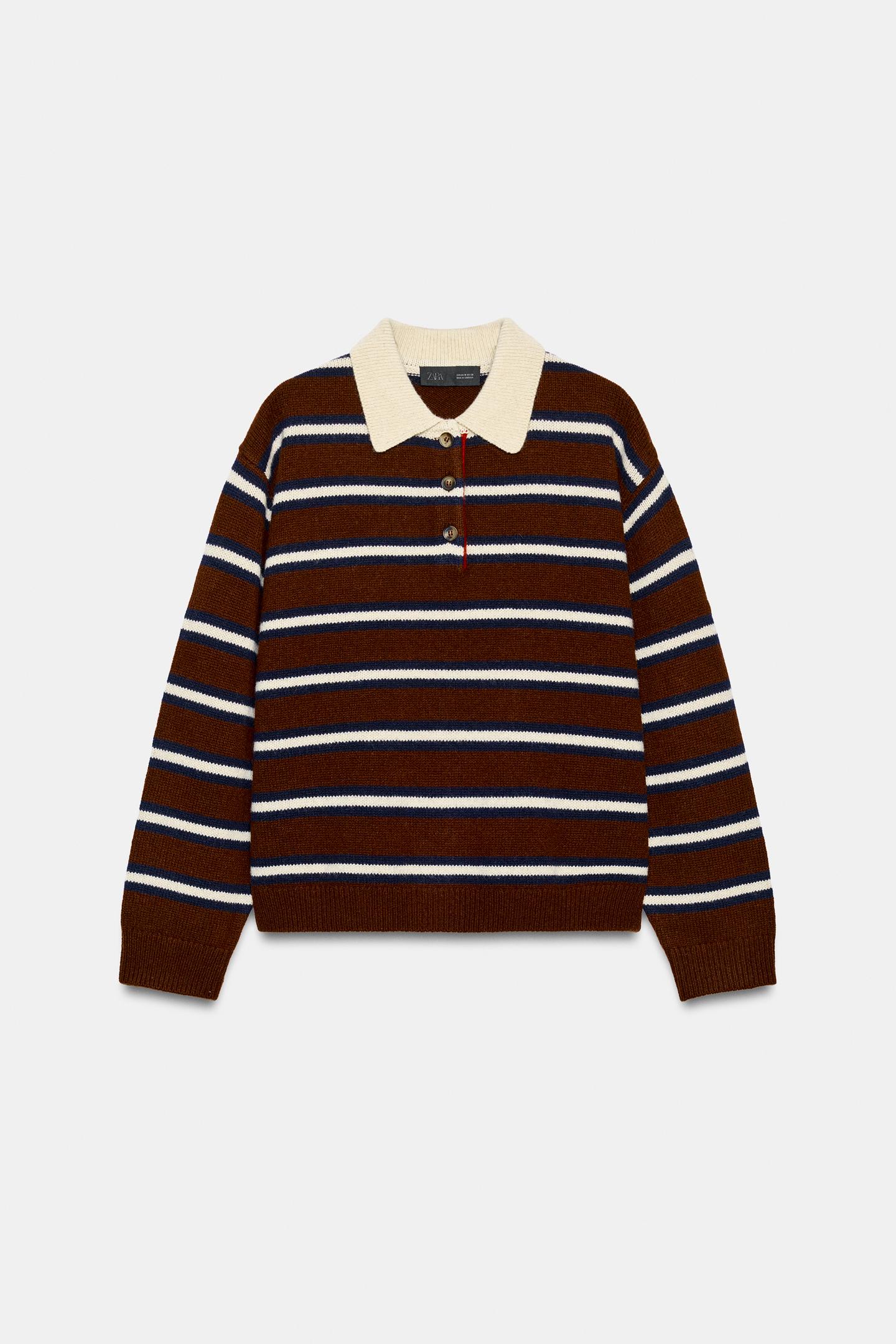 Женское поло Zara 100% Wool Striped Polo, цвет: Коричневый / Экрю — фото 5