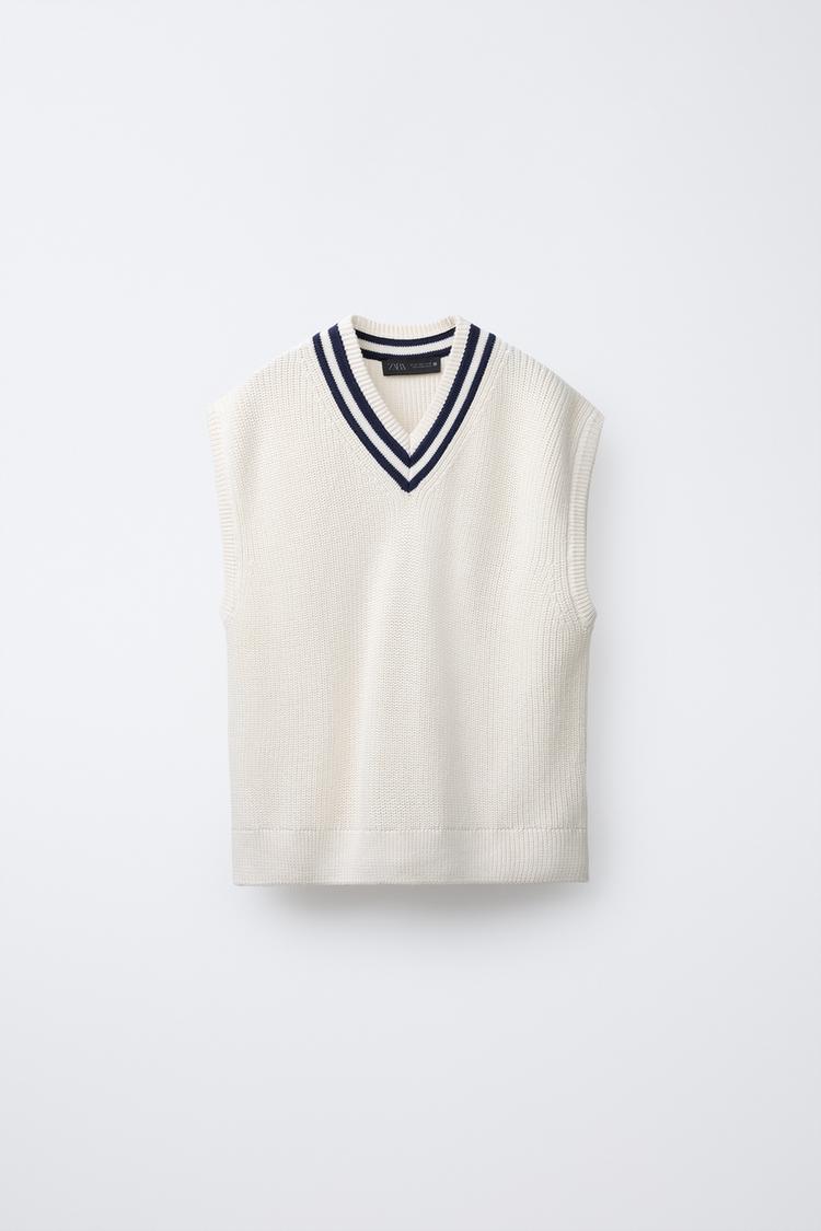 VARSITY CONTRAST KNIT VEST Ecru Navy ZARA United States