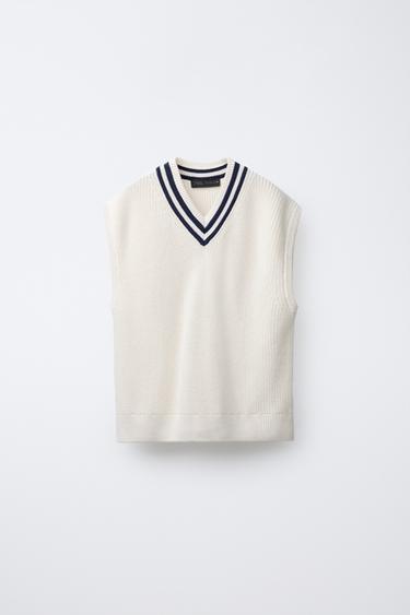 GILET EN MAILLE VARSITY CONTRASTE - Écru / Bleu marine de Zara