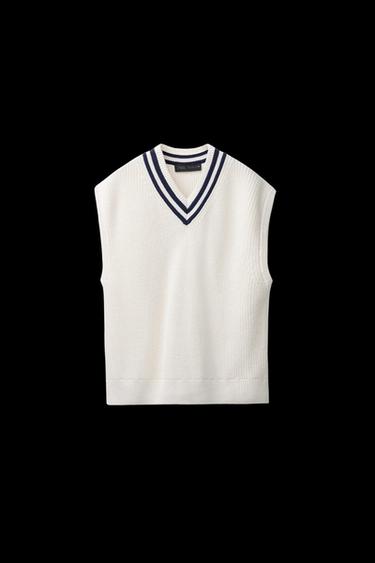 Zara VARSITY CONTRAST KNIT VEST - Ecru / Navy - Image 0
