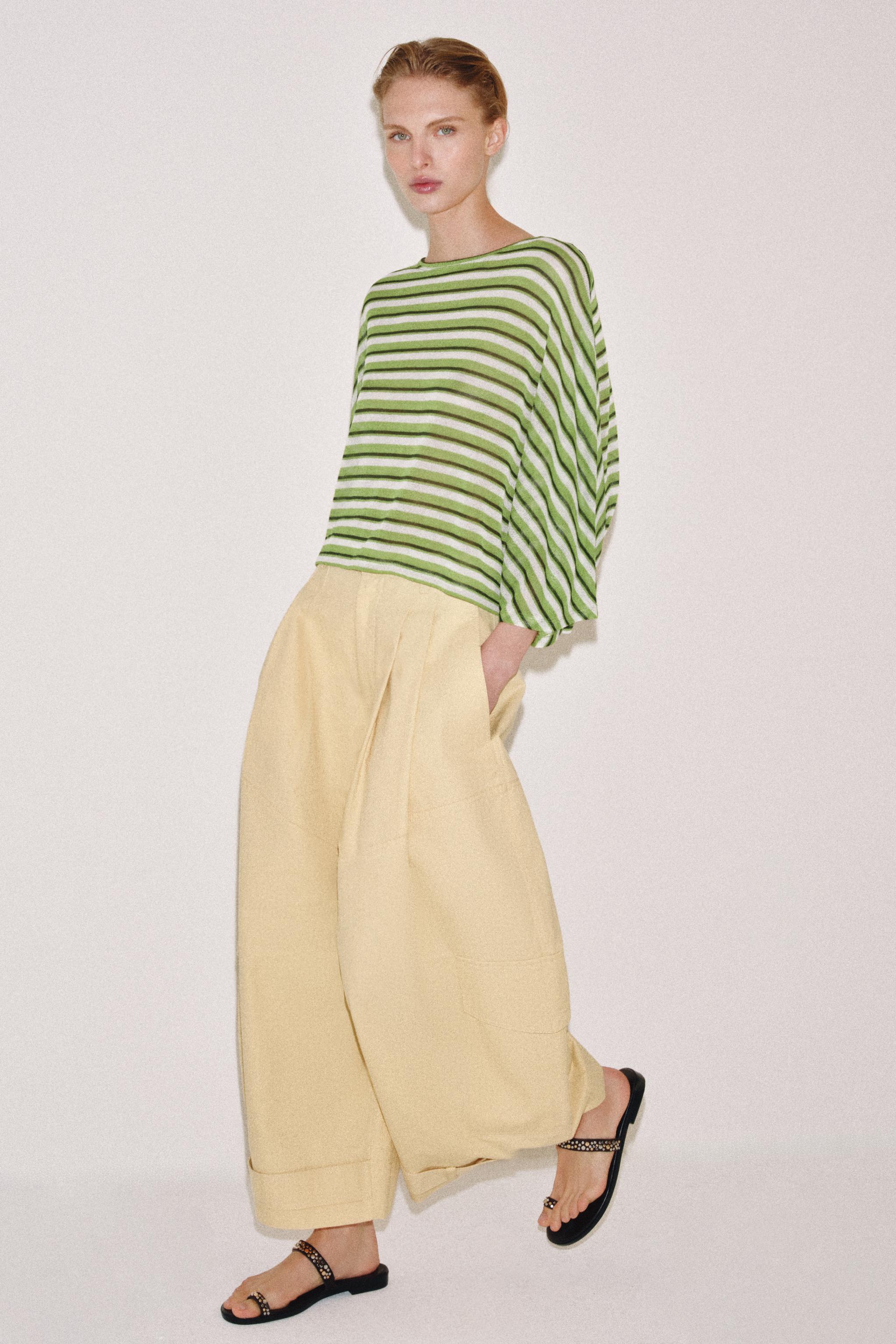 STRIPED RUSTIC CAPE SLEEVE T-SHIRT — Green stripe