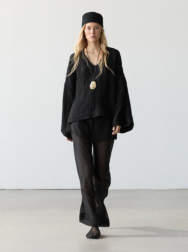 Zara 100% linen waffle-knit flowing blouse - Black - Image 0