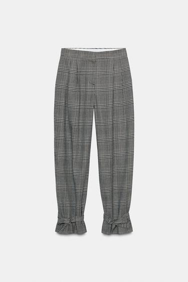 HOUNDSTOOTH TROUSERS WITH TIE HEM - Ecru / Black by Zara