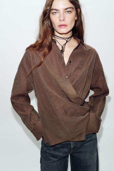 CHEMISE CACHE-CŒUR À RAYURES - Marron / Écru de Zara - Image 1