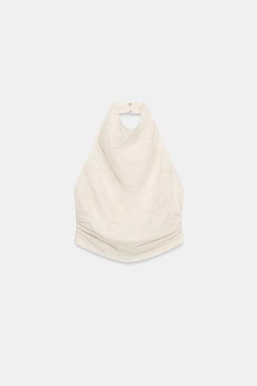 Zaras BRODERAD HALTERNECK-TOPP MED PALJETTER - Naturfärg