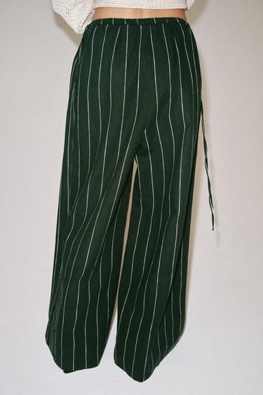 ZW COLLECTION STRIPED LINEN BLEND TROUSERS - Green by Zara - Image 2