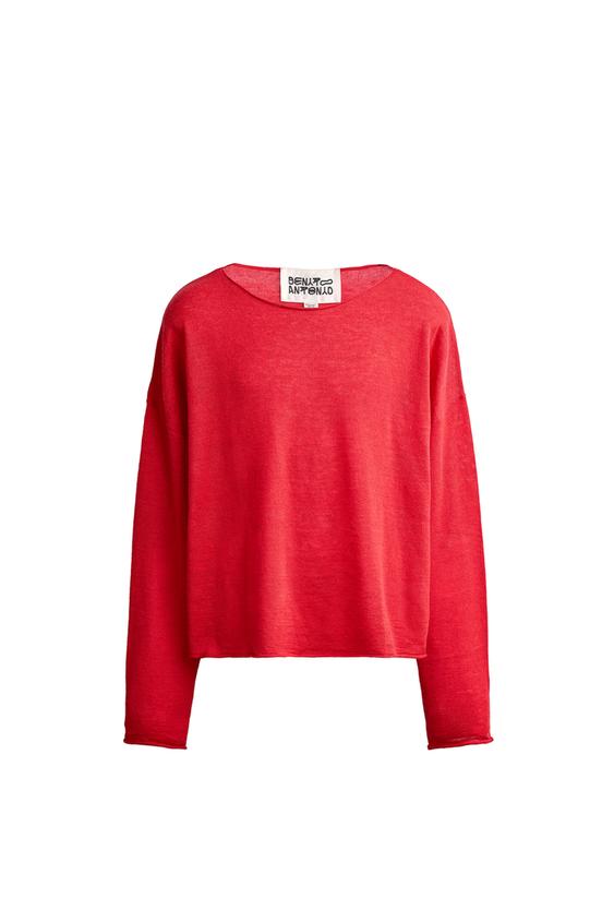 Sweter cropped fit z tkaniny lniano-wełnianej