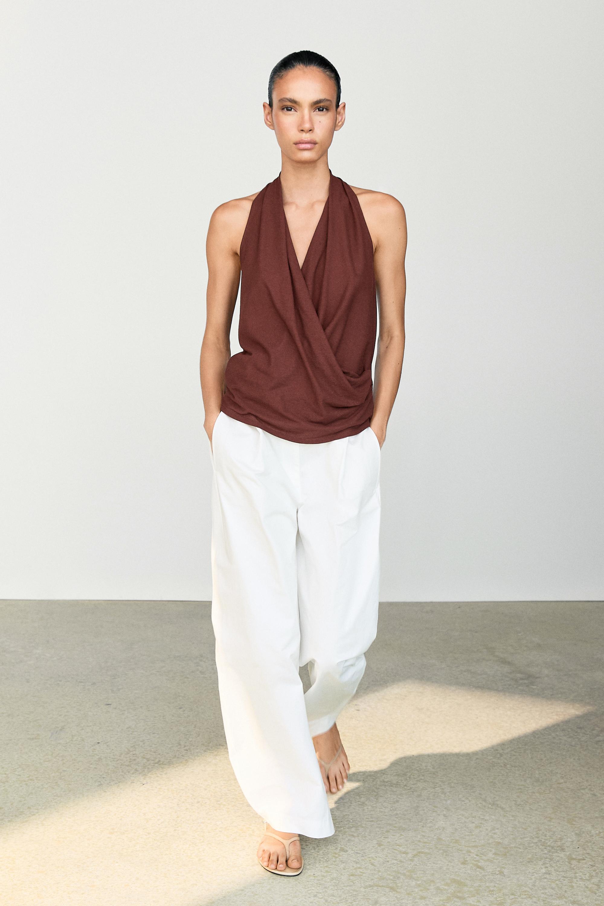 100% cotton draped surplice top — white