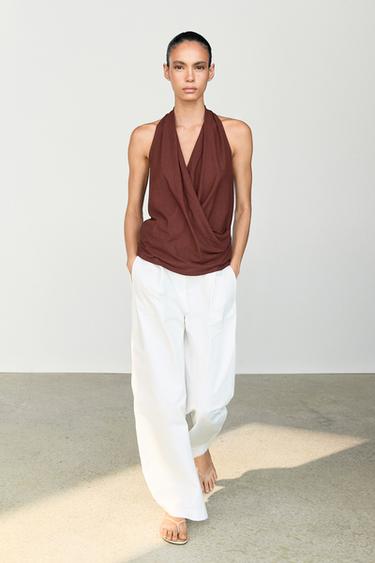 Top cuello cruzado drapeado 100% algodón - blanco de Zara