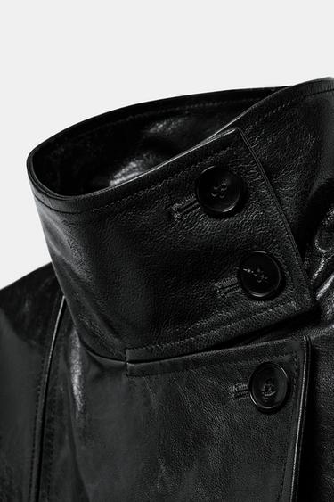 Zara 100% LEATHER SHOULDER PAD TRENCH COAT ZW COLLECTION LIMITED EDITION - Black