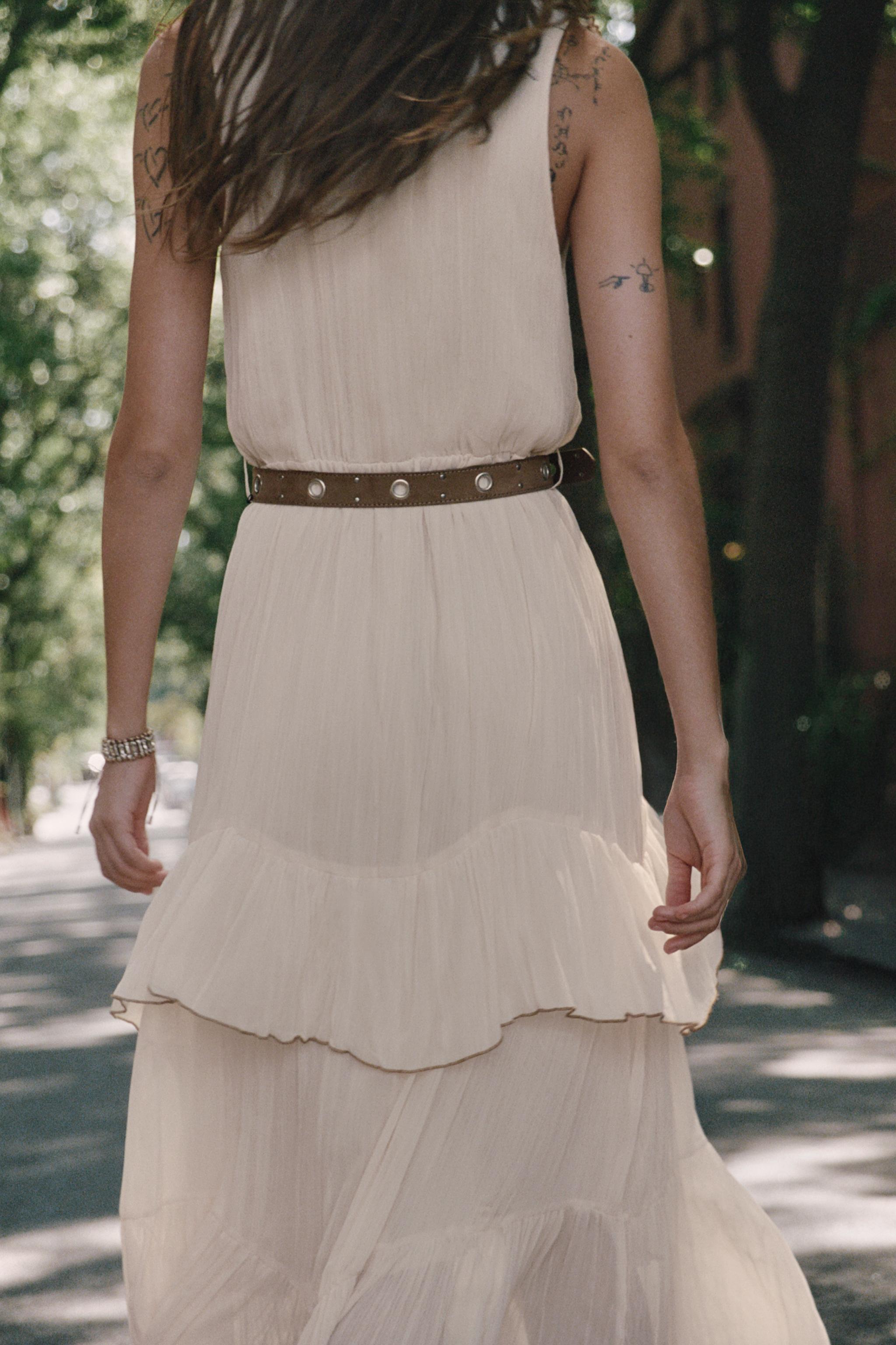 BELTED RUFFLED MIDI DRESS