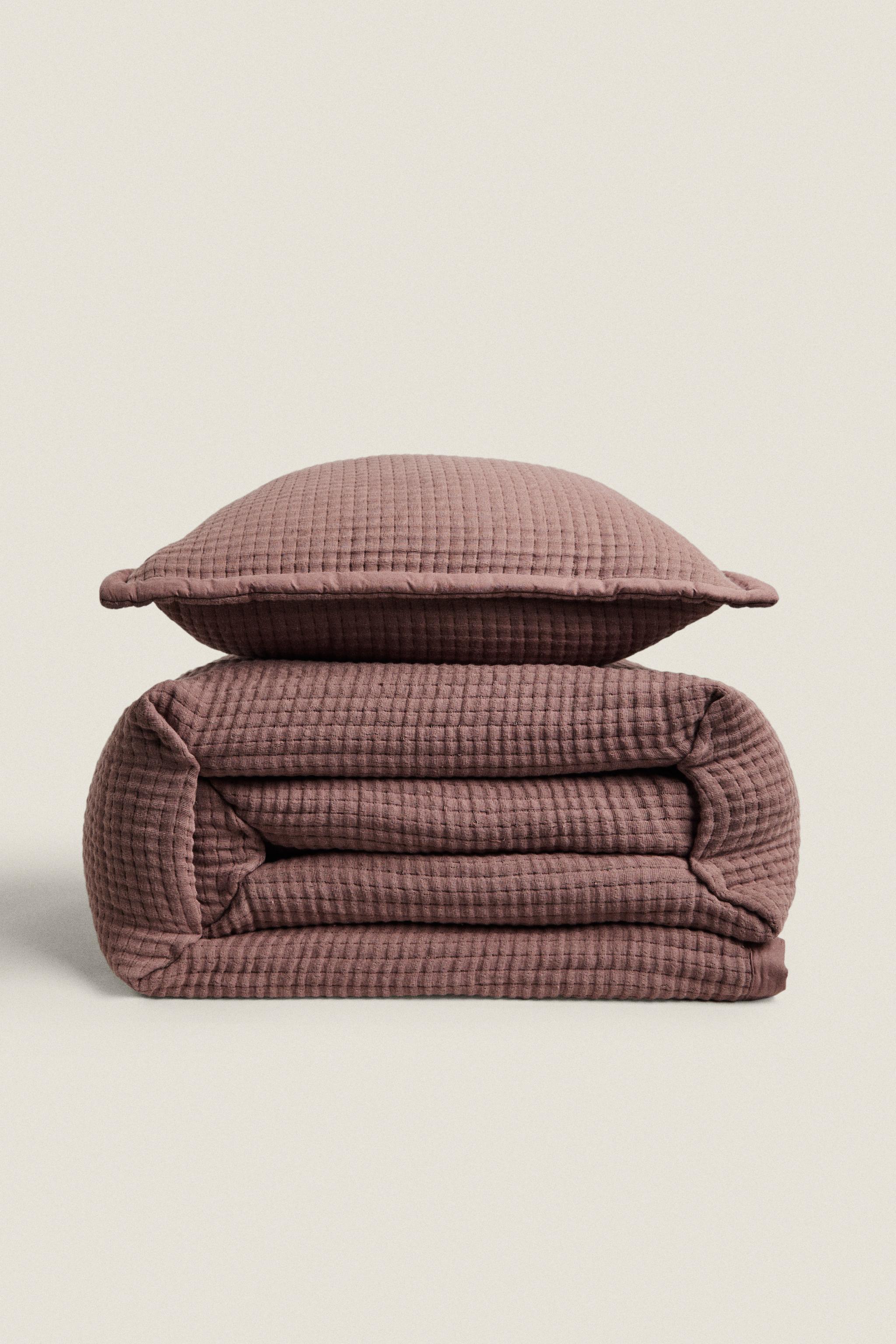 MUSLIN BEDSPREAD WITH PIPING - Mauve