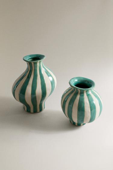 VASE DÉCORATIF CÉRAMIQUE IRRÉGULIER - blanc/turquoise de Zara - Image 0