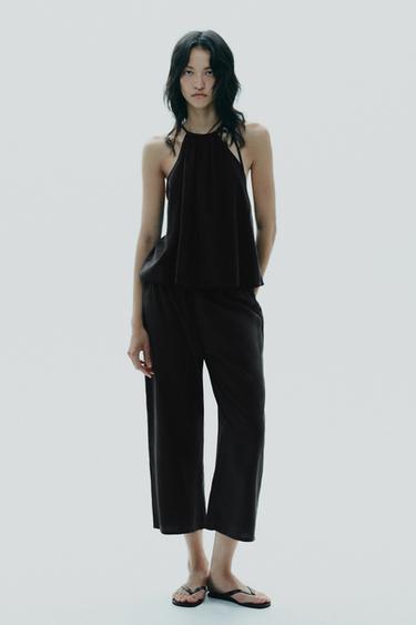 Zara FLOWY CROP PANTS - Black