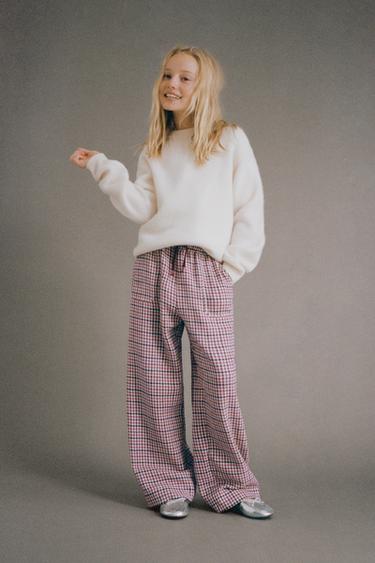 TEXTURED HOUNDSTOOTH WIDE-LEG TROUSERS - Pink by Zara