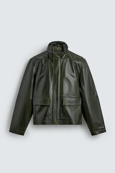 Zara 皮革口袋外套 - 深綠色