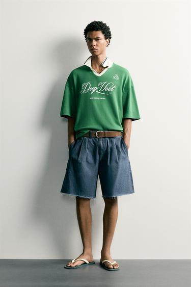 RETRO FOOTBALL RELAXED FIT POLO SHIRT - Green / Ecru by Zara - Image 0