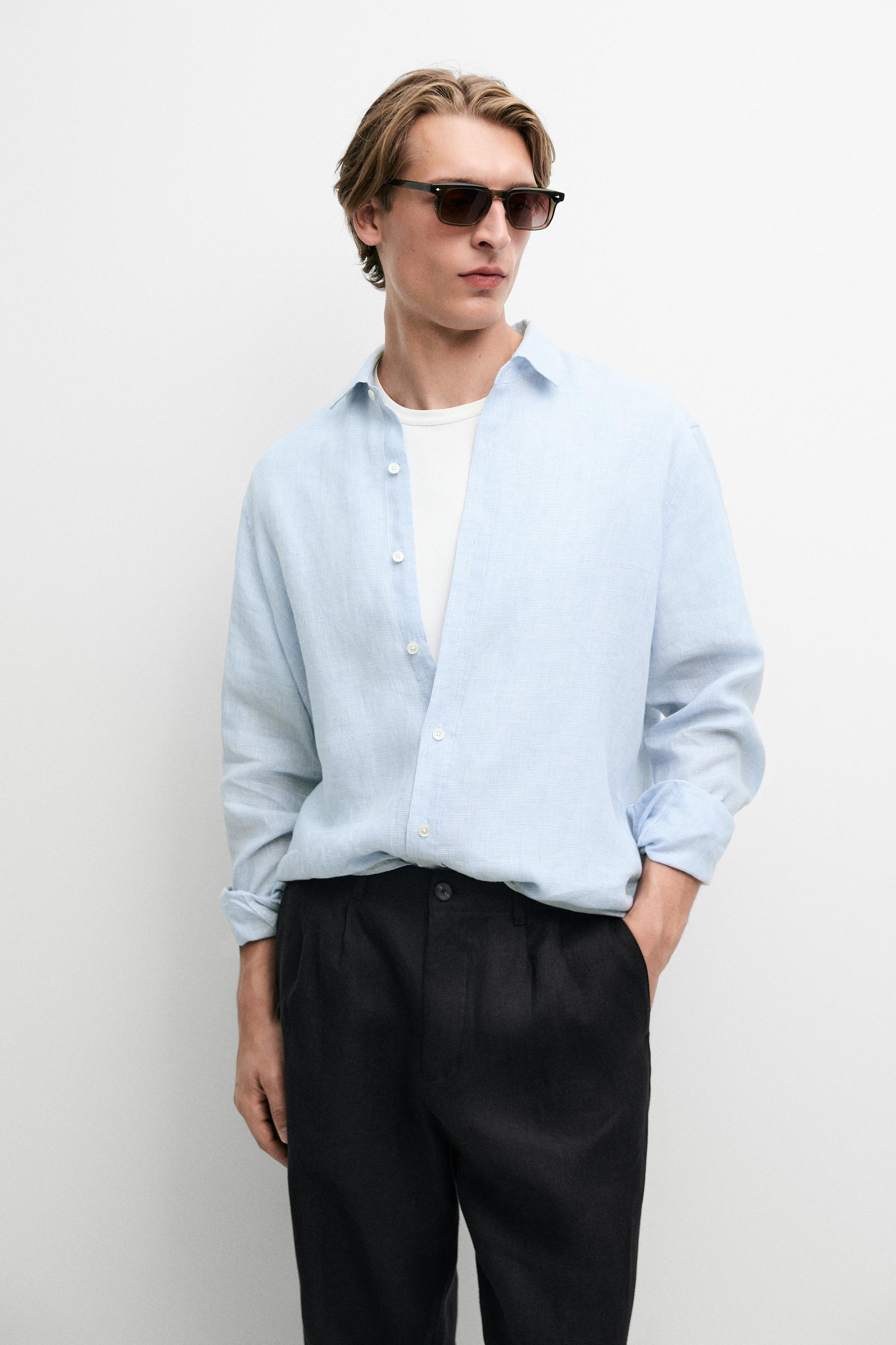 100% linen regular fit check shirt — Green stripe