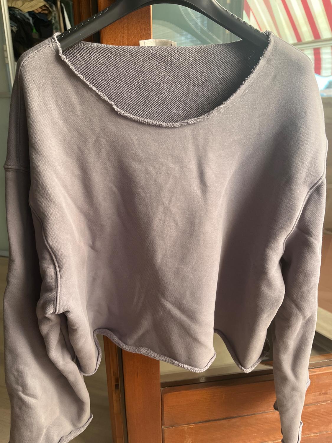 Greyish casual cropped sweatshirt with frayed edges, hanging on a black hanger in front of a wooden and glass door.