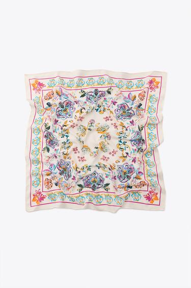 Zara FLORAL PRINT SATIN SCARF - Ecru