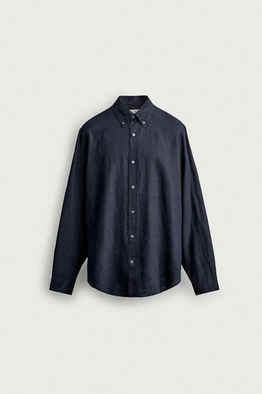 100% LINEN REGULAR FIT SHIRT - Dark navy by Zara
