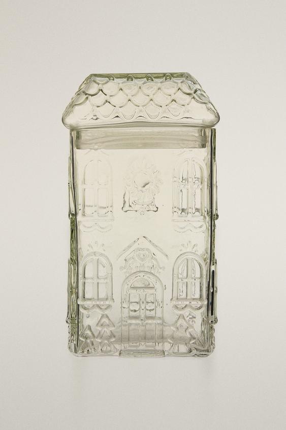 CHRISTMAS HOUSE GLASS BISCUIT JAR - Greens by Zara - Image 0