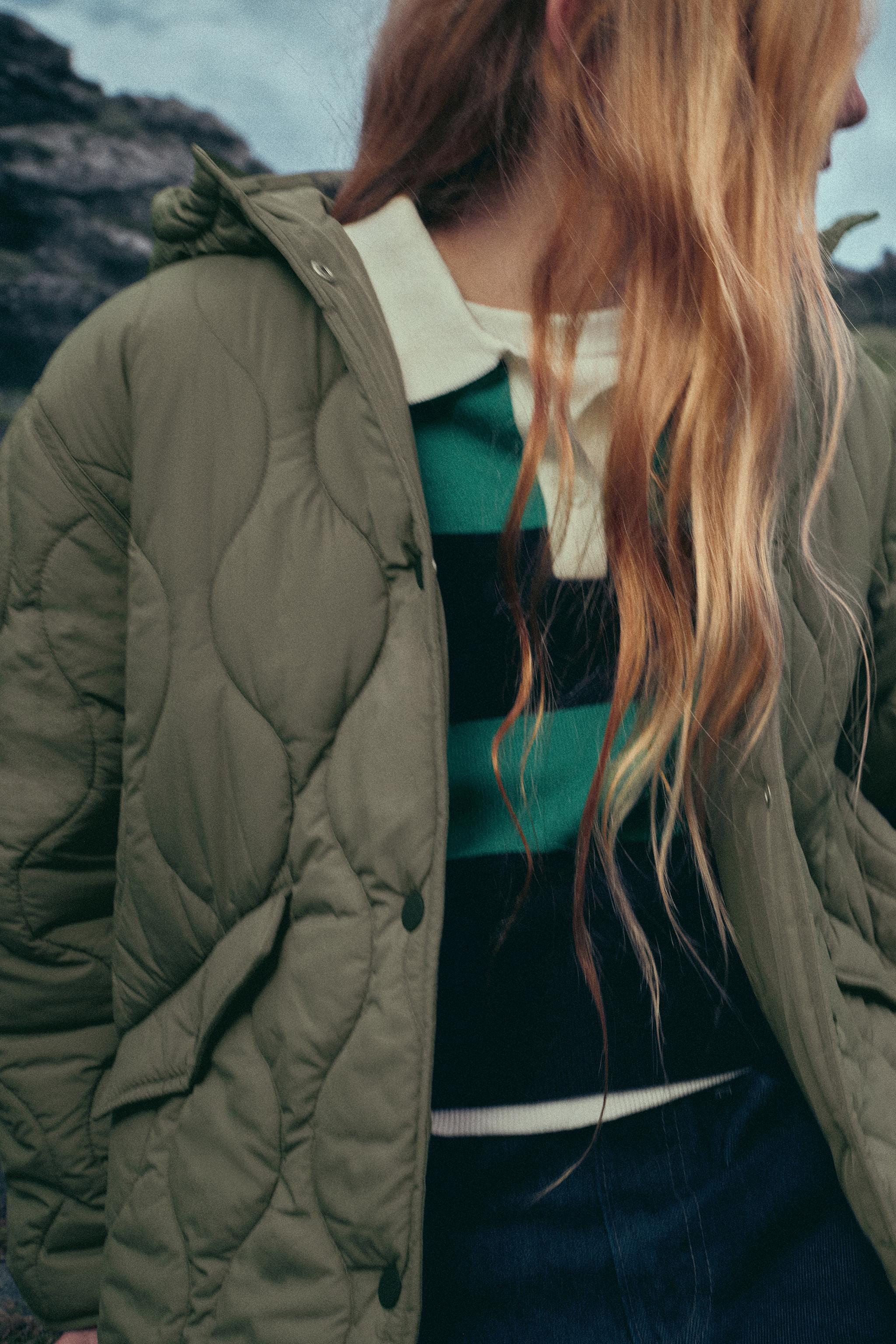 WATER-REPELLENT HOODED QUILTED JACKET — Mid-green