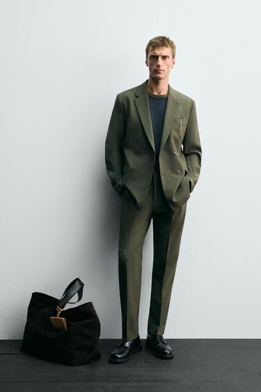 Zara WOOL DOUBLE BREASTED SUIT BLAZER - Green