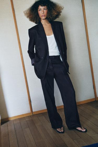 BLAZER CRUZADO CON LINO MANGA REMANGADA - Marino de Zara