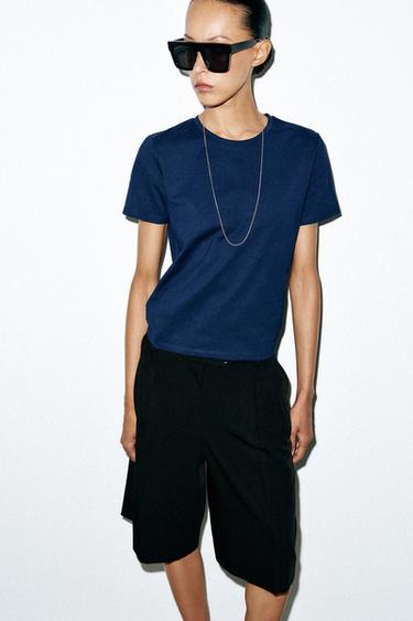 Zara RUSTIC COTTON T-SHIRT - Navy blue