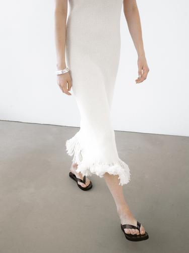 Zara Knit dress with fringed hem - Ecru