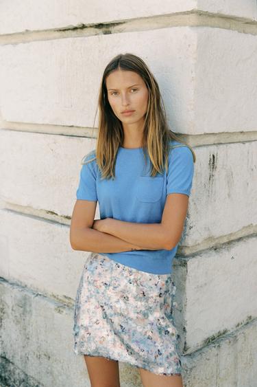 Zara SEQUIN MINI SKIRT - Ecru / Blue