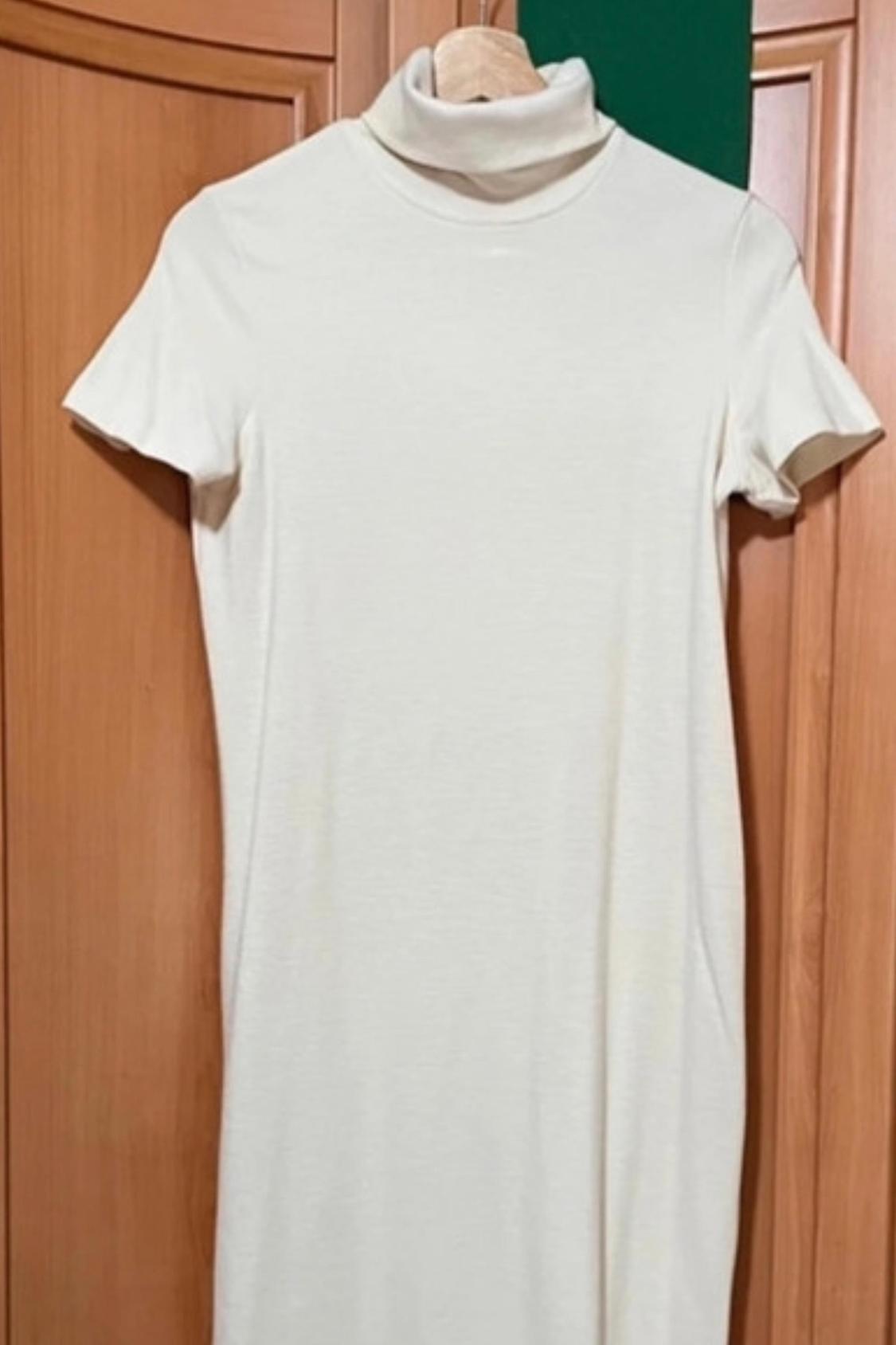 Front view of white short-sleeved high-neck dress.