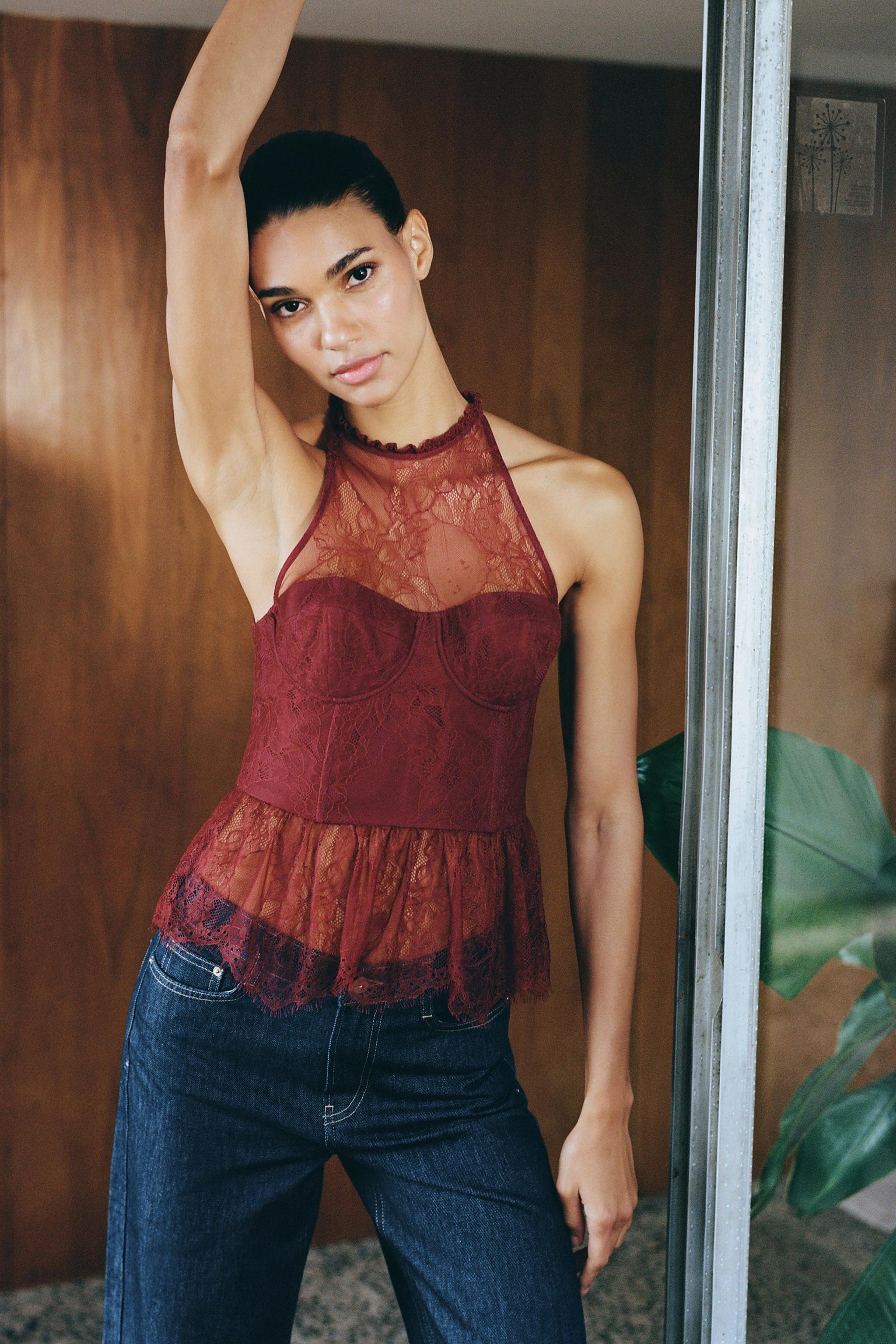 LACE HALTER TOP - Burgundy | ZARA United States