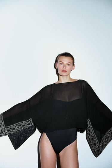 Zara BEADED SEMI-SHEER BATWING CAPE - Black - Image 0