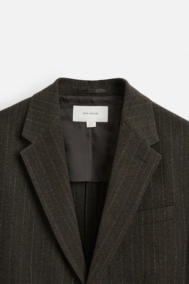 Zara STRIPED TEXTURED BLAZER - Brown / Green
